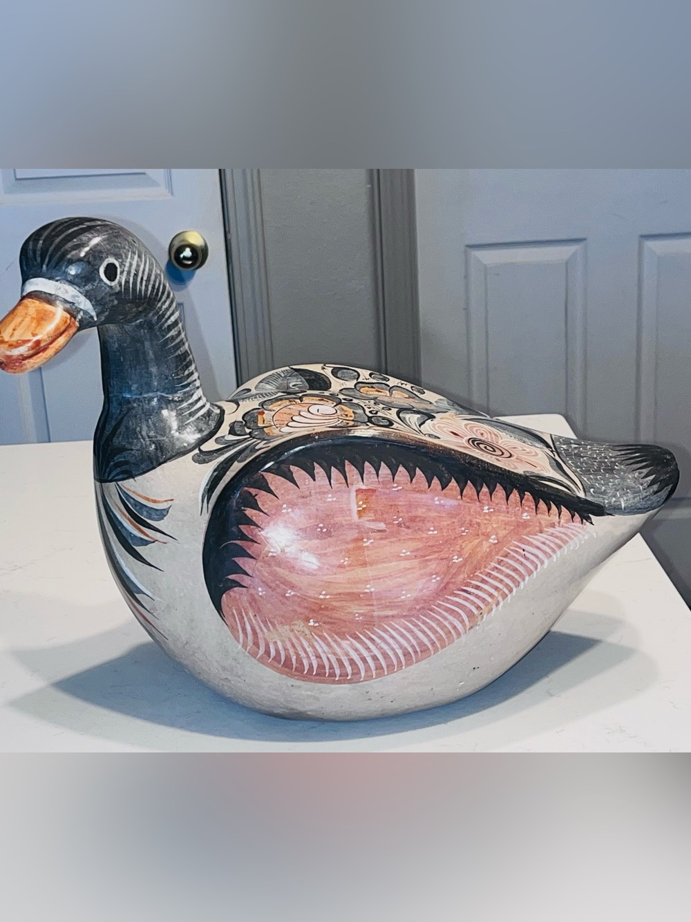 VTG Tonala Mexican ceramic duck hand painted folk art large 14”x13” patio decor